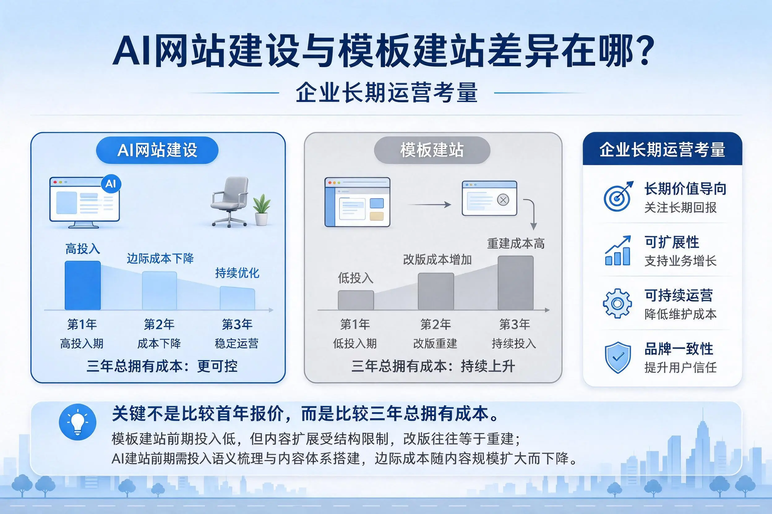 AI网站建设与模板建站差异在哪?白城企业长期运营考量
