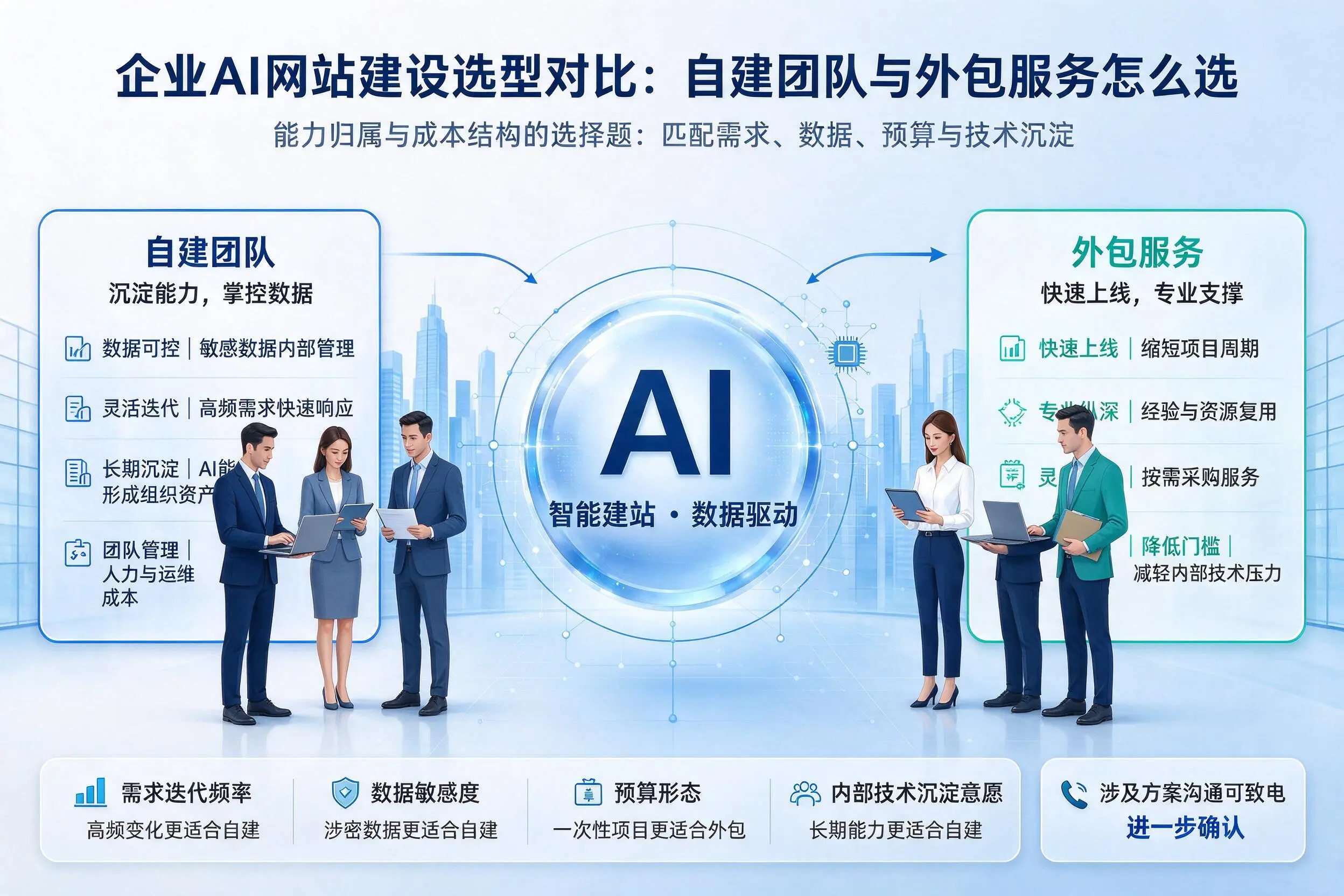 白城企业AI网站建设选型对比:自建团队与外包服务怎么选